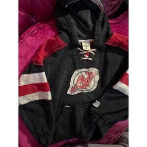 CCM New Jersey Devils Kids Hoodie Lace Up Hockey Sweatshirt Black Red Size 7